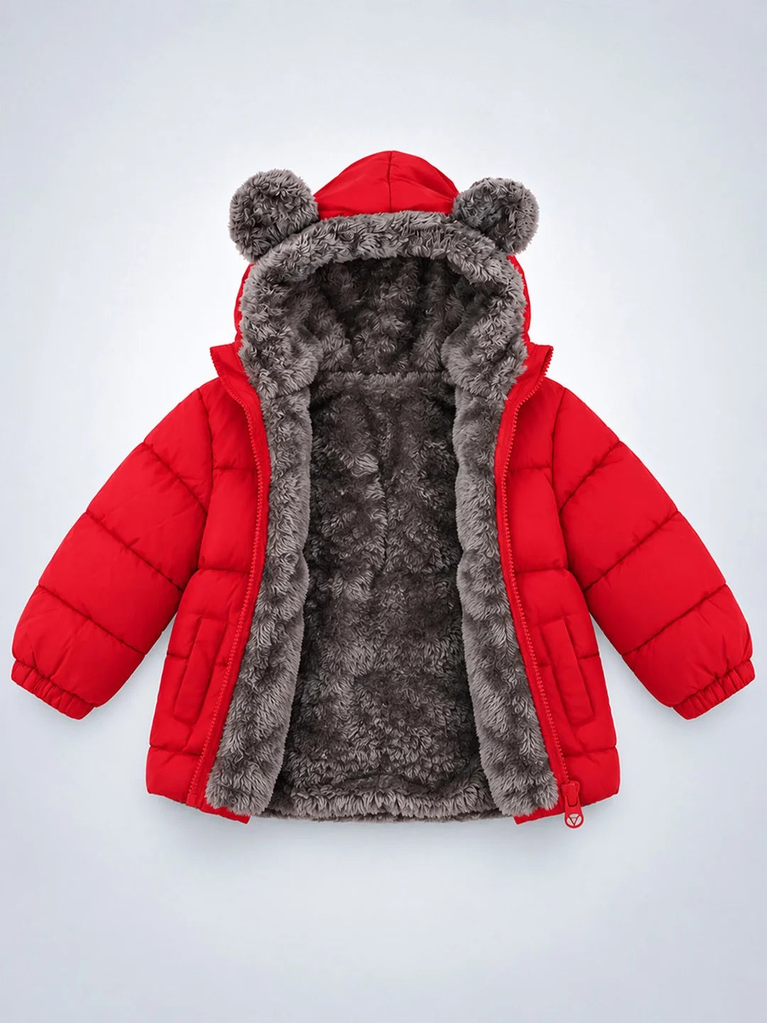 Red Bear-Ear Faux-Fur Hooded Quilted Winter Jacket for Kids