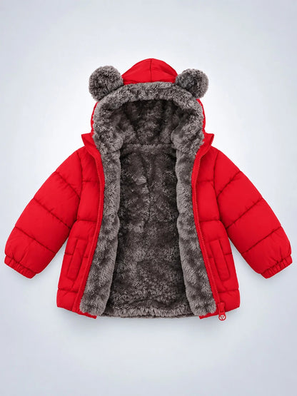 Red Bear-Ear Faux-Fur Hooded Quilted Winter Jacket for Kids