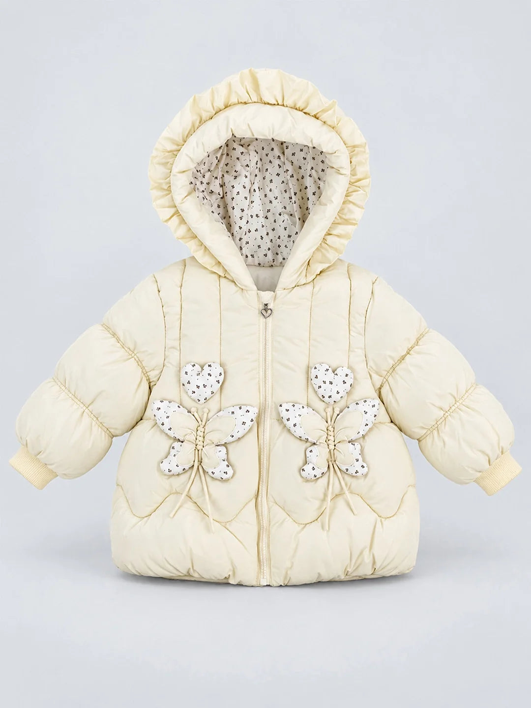Pastel Yellow Butterfly Heart Quilted Hooded Winter Jacket for Kids