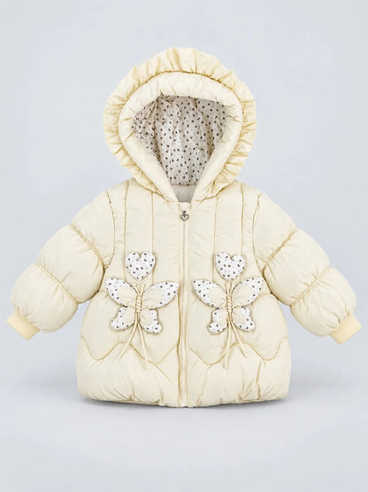 Pastel Yellow Butterfly Heart Quilted Hooded Winter Jacket for Kids