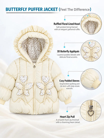 Pastel Yellow Butterfly Heart Quilted Hooded Winter Jacket for Kids