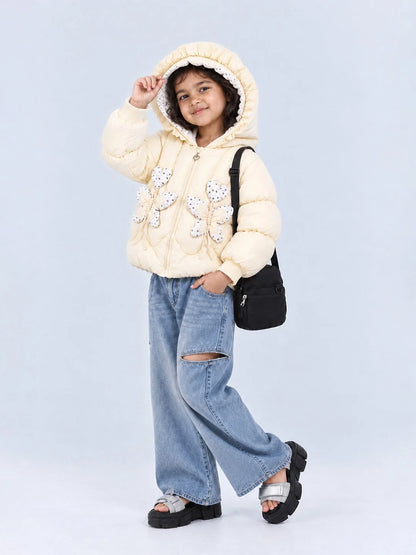 Pastel Yellow Butterfly Heart Quilted Hooded Winter Jacket for Kids