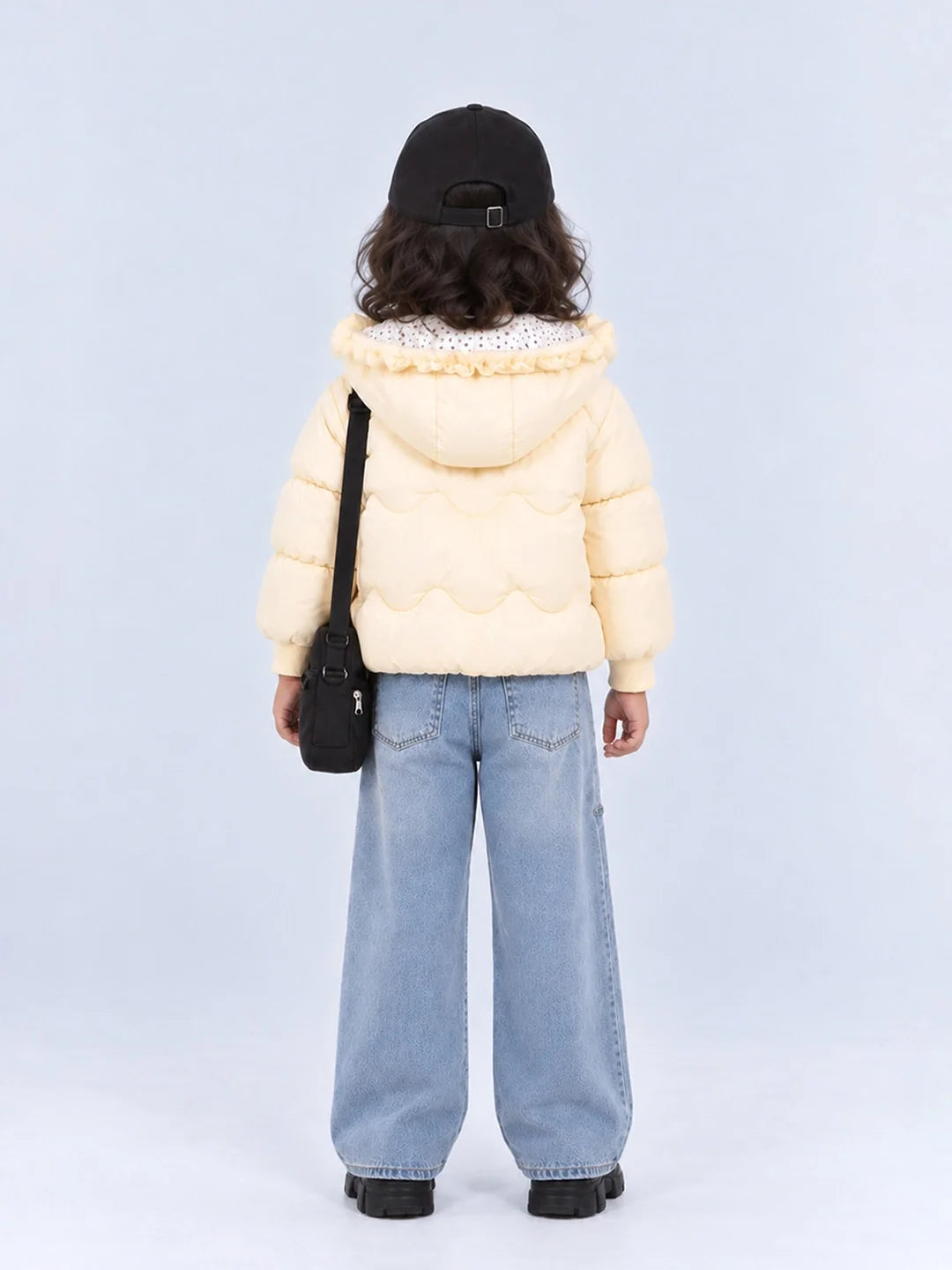 Pastel Yellow Butterfly Heart Quilted Hooded Winter Jacket for Kids