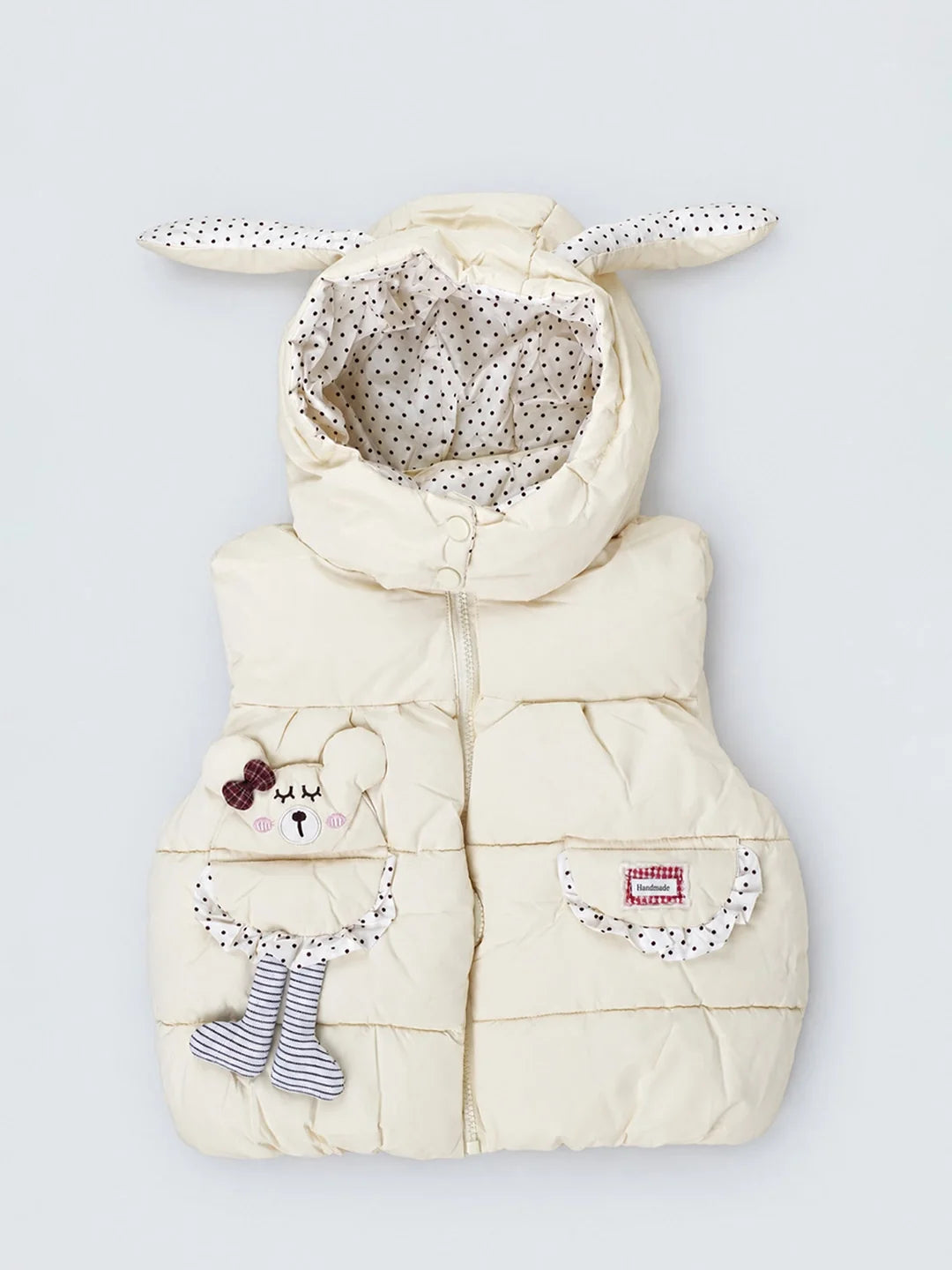 Yellow Polka Dots Cute Character-Themed Quilted Hooded Sleeveless Winter Jacket for Kids