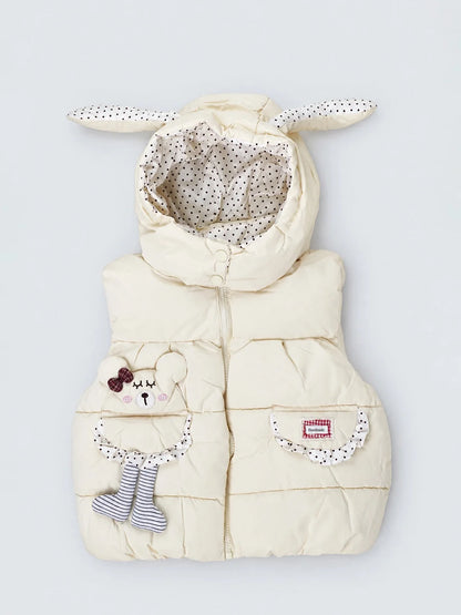 Yellow Polka Dots Cute Character-Themed Quilted Hooded Sleeveless Winter Jacket for Kids