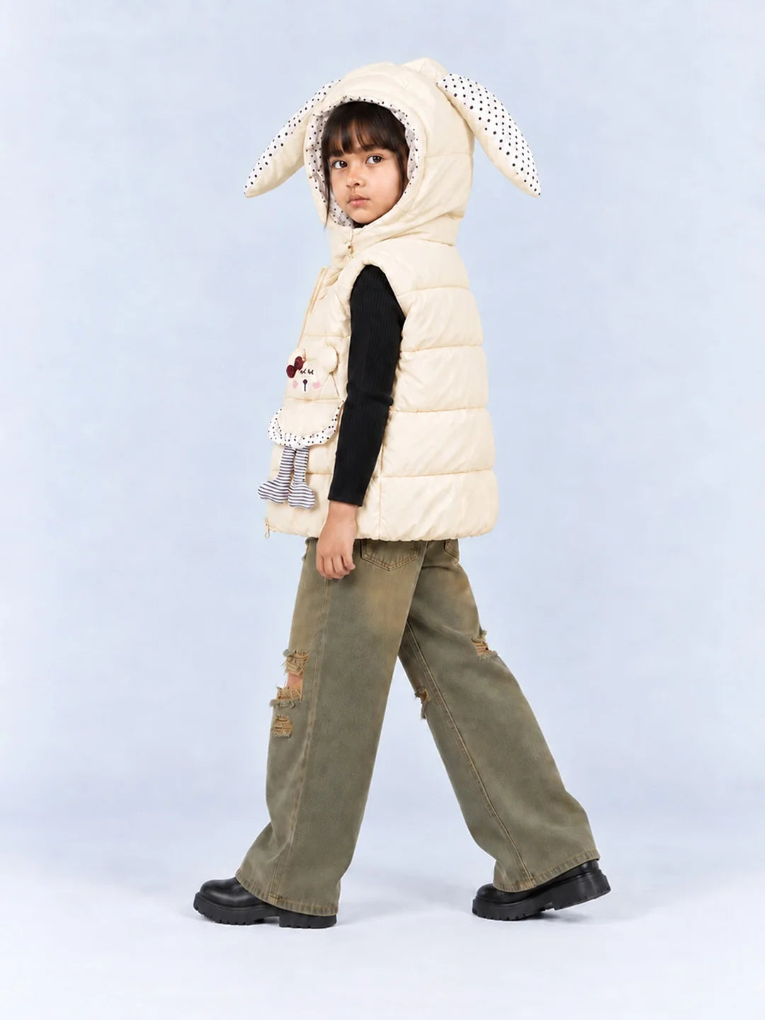 Yellow Polka Dots Cute Character-Themed Quilted Hooded Sleeveless Winter Jacket for Kids