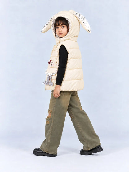 Yellow Polka Dots Cute Character-Themed Quilted Hooded Sleeveless Winter Jacket for Kids