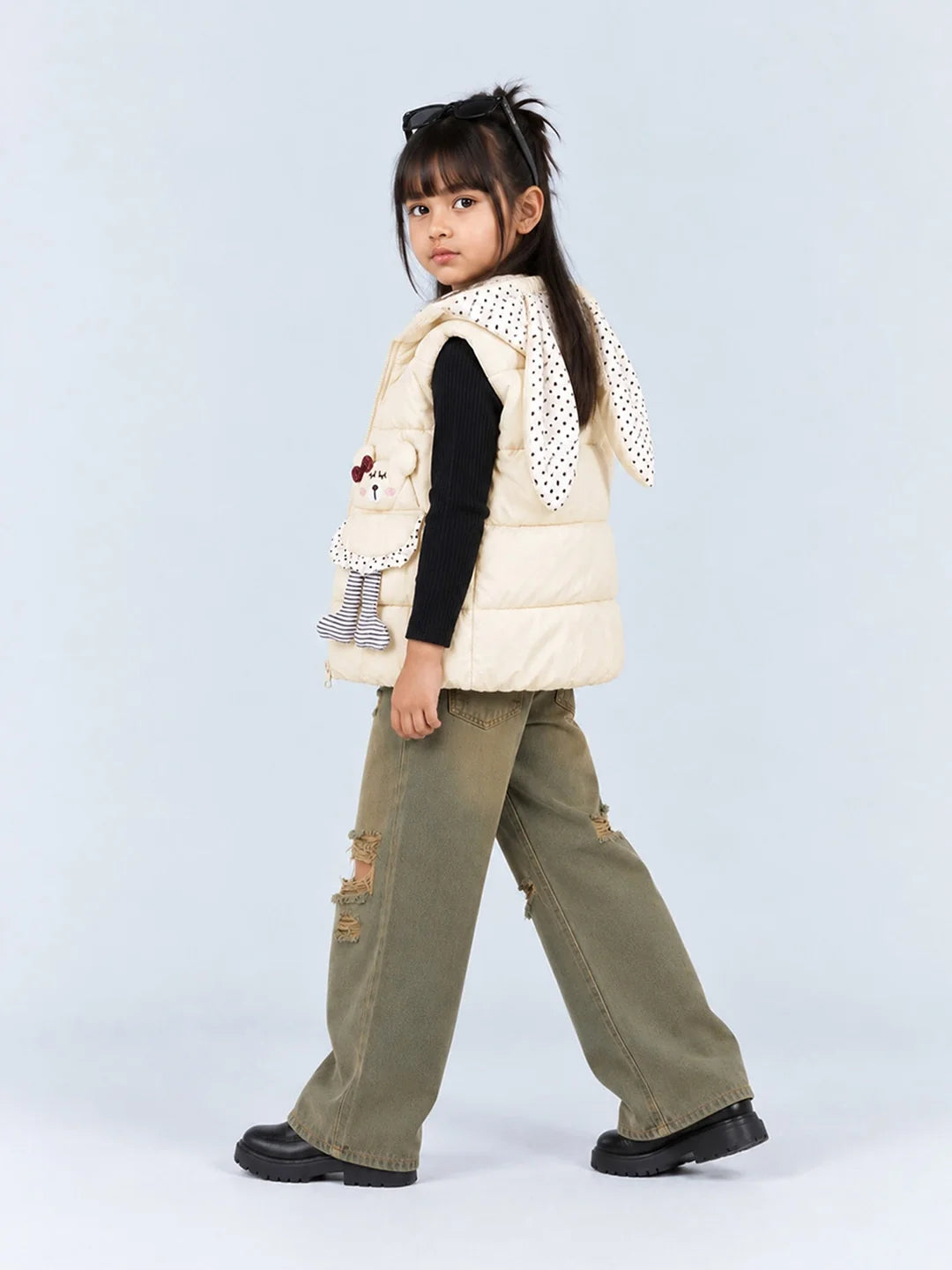 Yellow Polka Dots Cute Character-Themed Quilted Hooded Sleeveless Winter Jacket for Kids