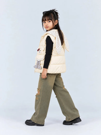 Yellow Polka Dots Cute Character-Themed Quilted Hooded Sleeveless Winter Jacket for Kids