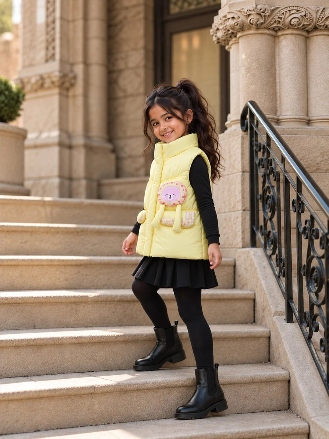 Yellow Teddy Puffer Sleeveless Winter Jacket for Kids