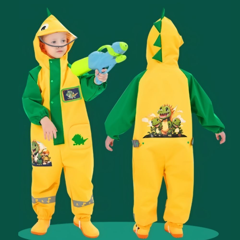 Dinosaur Friends themed Yellow Full Jumpsuit Style Raincoat for Toddlers and Kids - Little Surprise Box