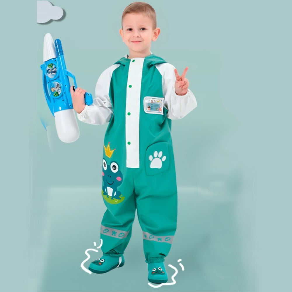 White & Teal Frog Full Jumpsuit Style Raincoat for Toddlers and Kids - Little Surprise Box
