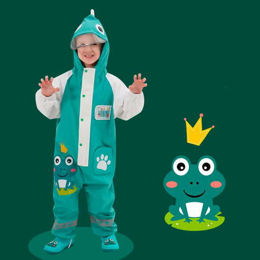 White & Teal Frog Full Jumpsuit Style Raincoat for Toddlers and Kids - Little Surprise Box