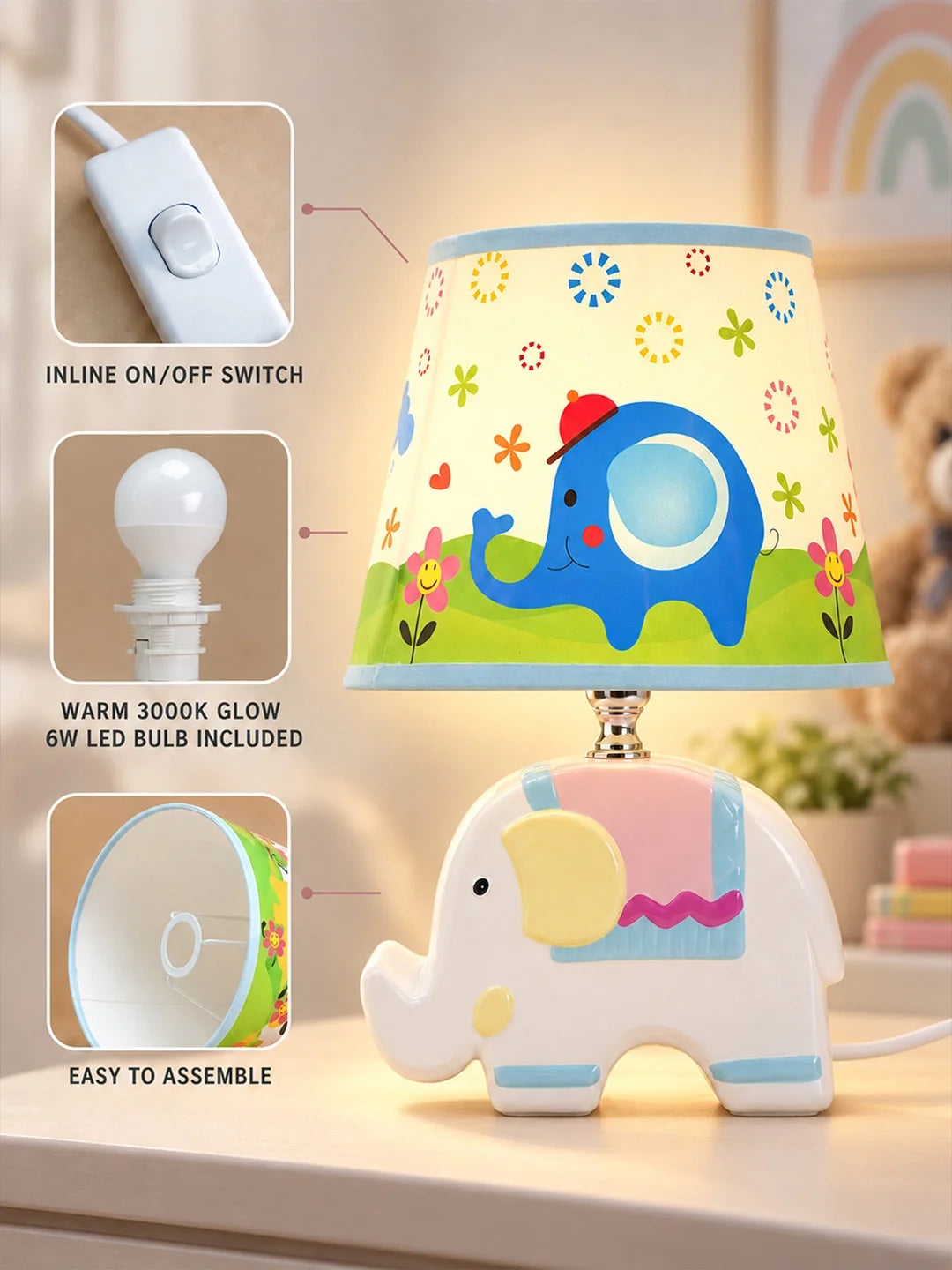 Blue Ceramic Elephant Bedside Table Lamp