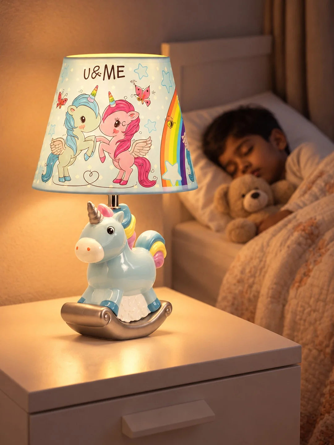Blue Ceramic Rocking Unicorn Bedside Table Lamp