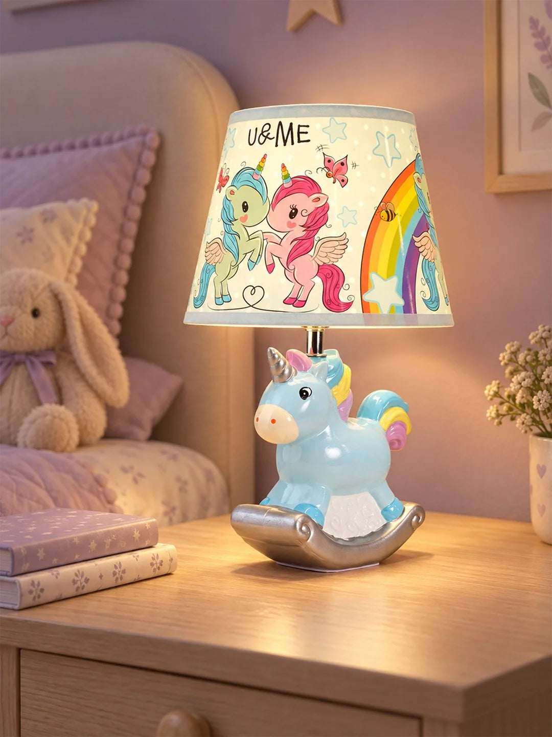 Blue Ceramic Rocking Unicorn Bedside Table Lamp
