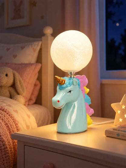 Blue Ceramic Unicorn Moon, Bedside Table Lamp