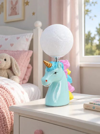 Blue Ceramic Unicorn Moon, Bedside Table Lamp