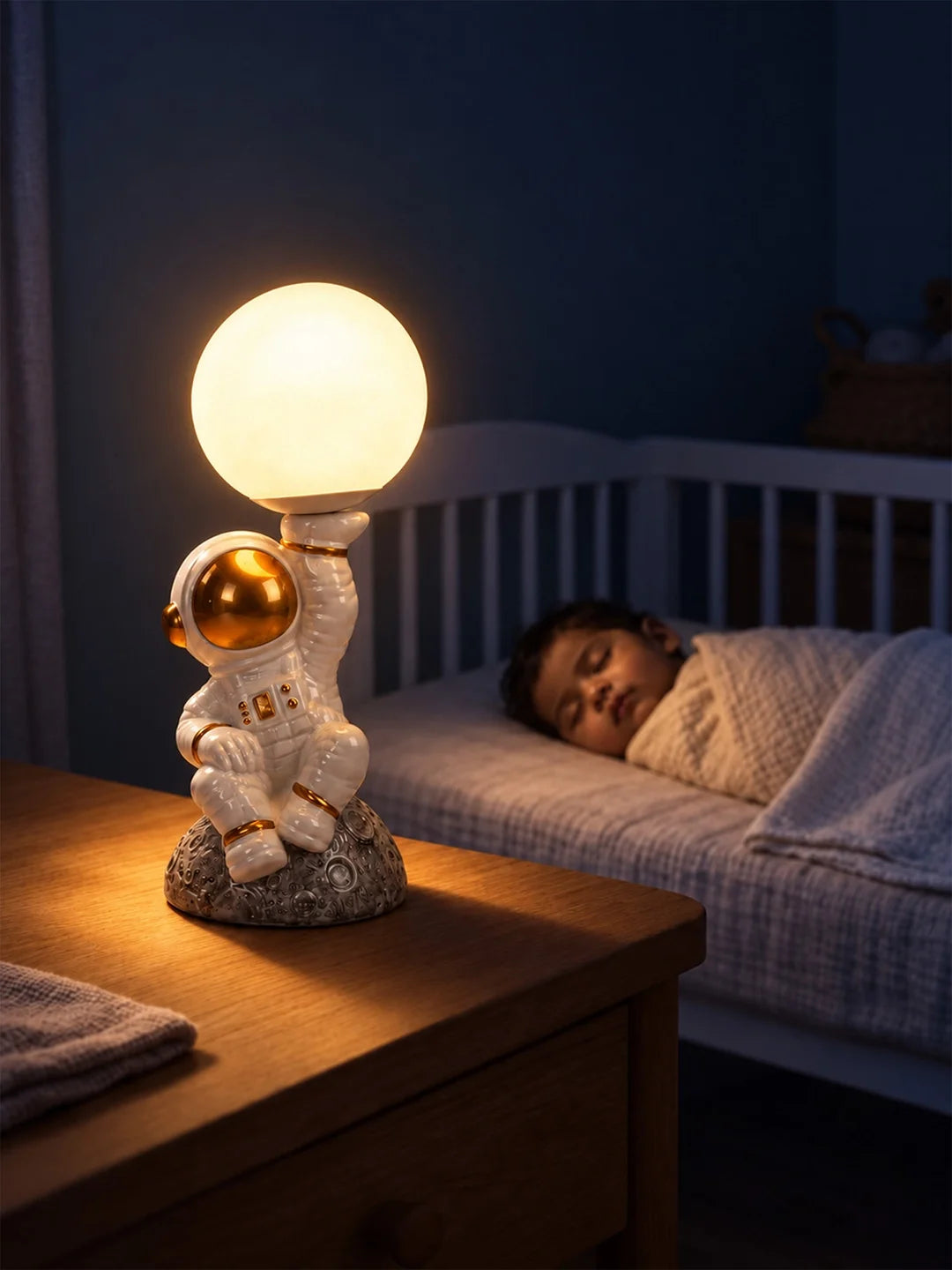 Golden Astronaut Holding Moon, Bedside Table Lamp