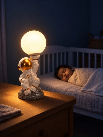 Golden Astronaut Holding Moon, Bedside Table Lamp