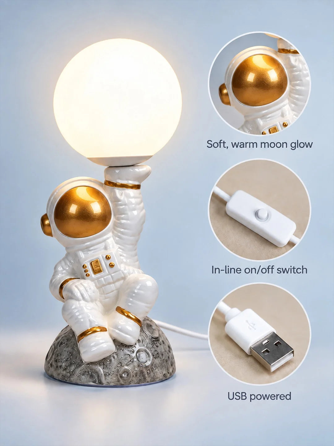 Golden Astronaut Holding Moon, Bedside Table Lamp