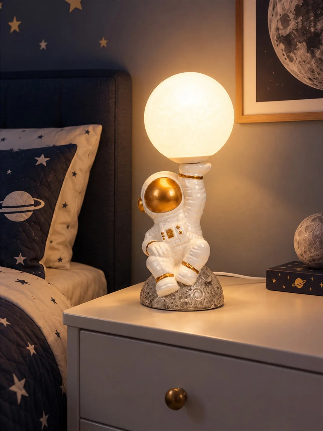 Golden Astronaut Holding Moon, Bedside Table Lamp