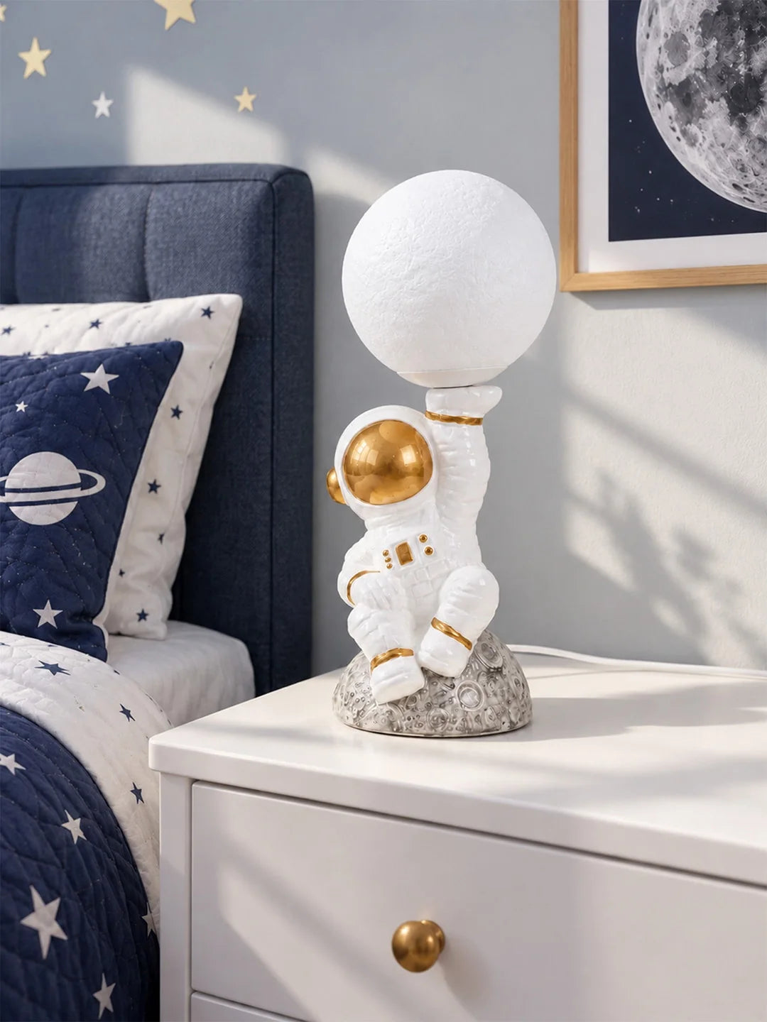 Golden Astronaut Holding Moon, Bedside Table Lamp