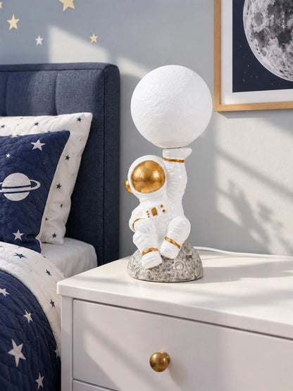 Golden Astronaut Holding Moon, Bedside Table Lamp