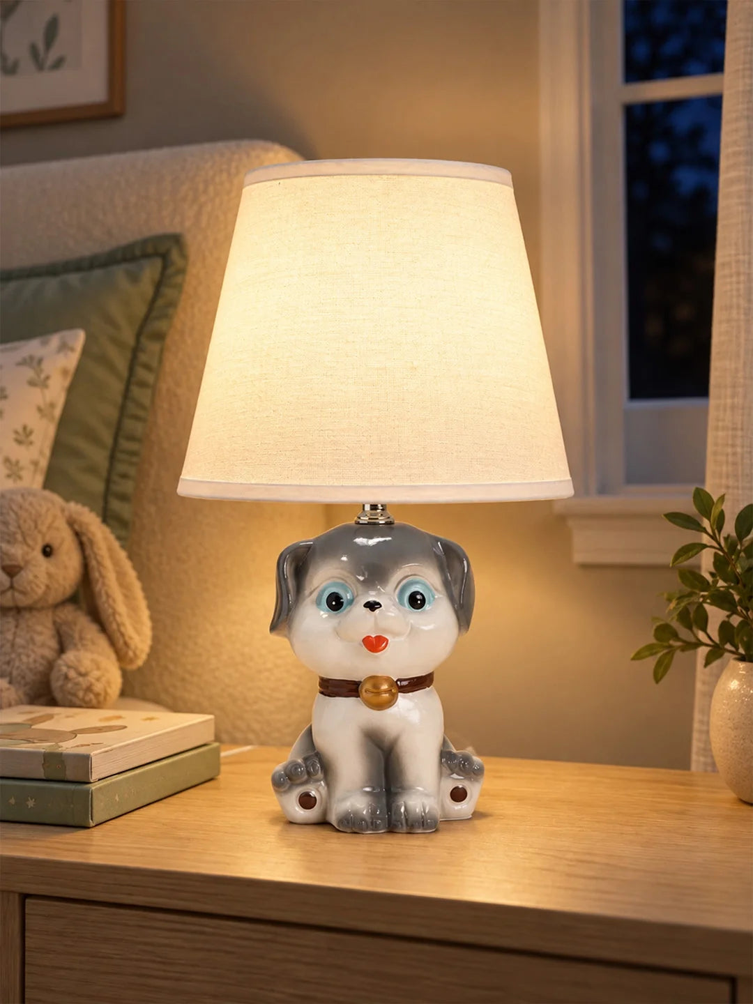 Grey Ceramic Dog Bedside Table Lamp