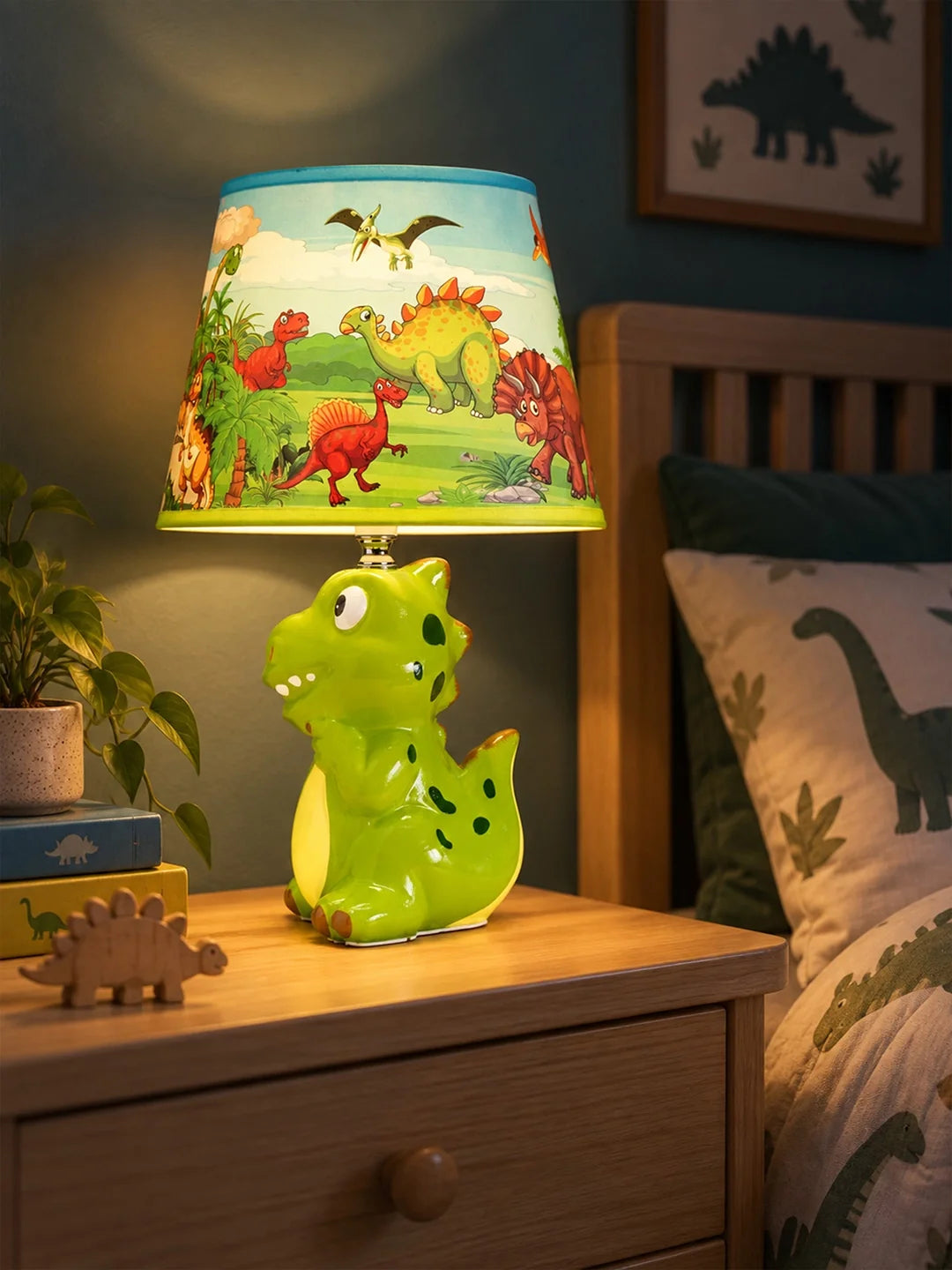 Green Ceramic Dino Bedside Table Lamp