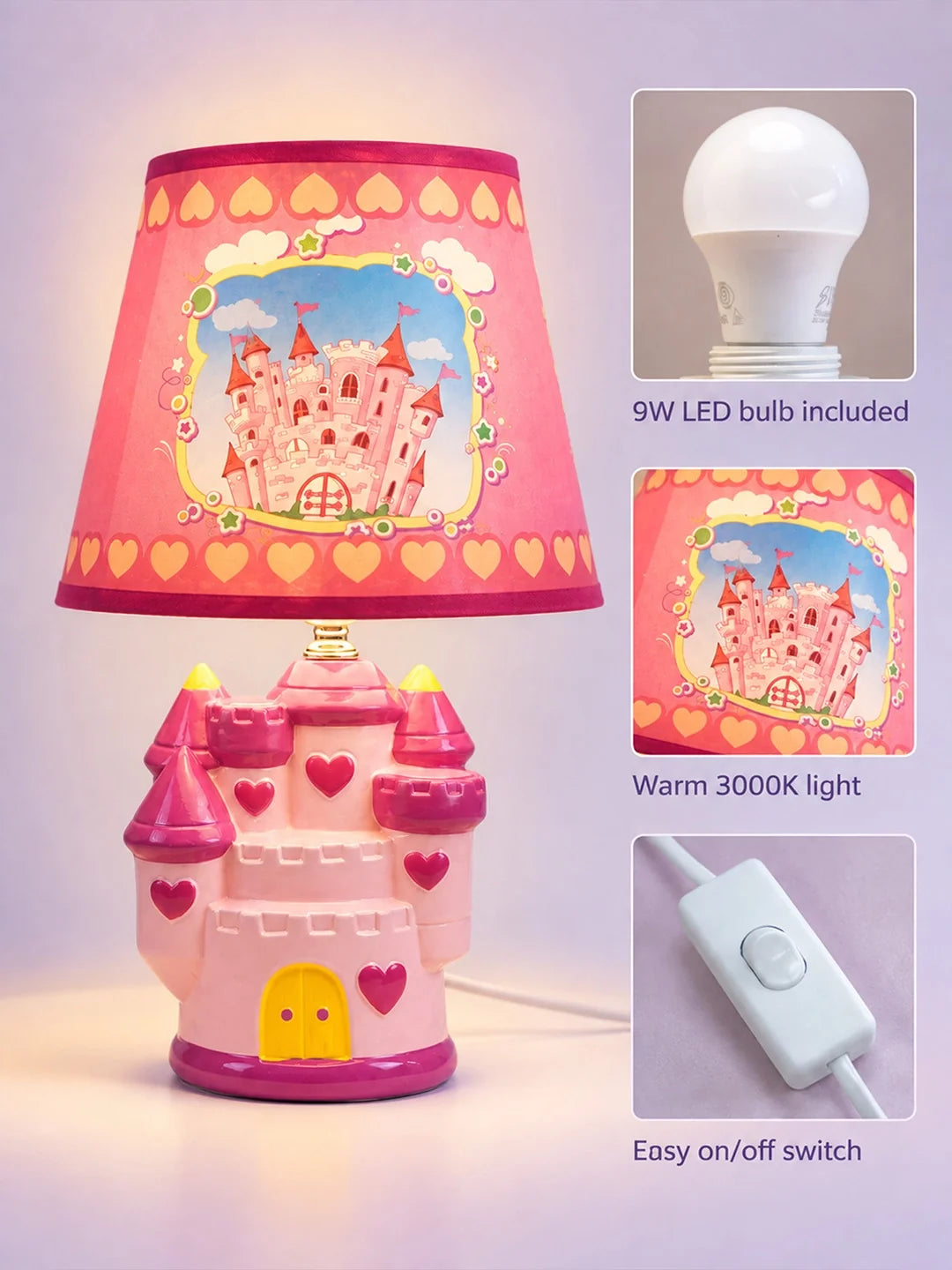 Pink Princess Ceramic Castle Bedside Table Lamp