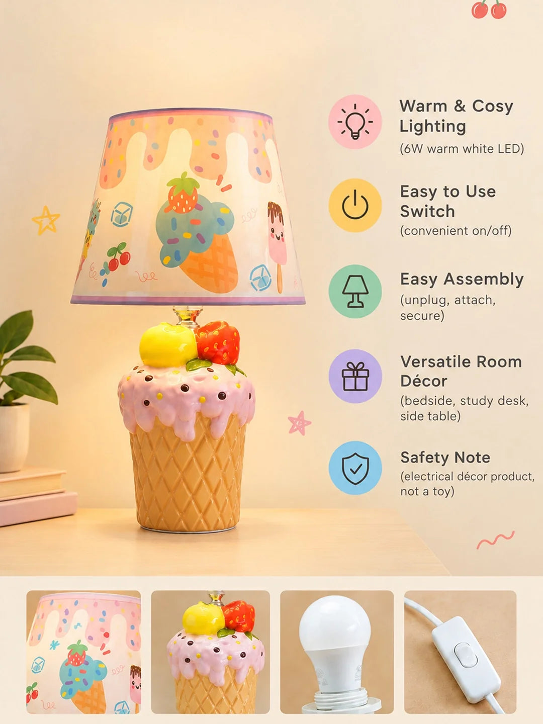 Pink Ceramic Ice Cream Bedside Table Lamp