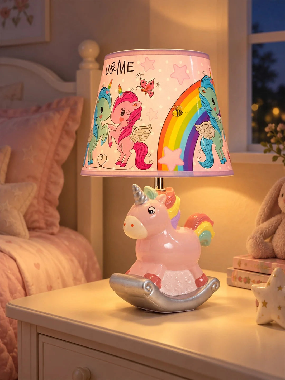 Pink Ceramic Rocking Unicorn Bedside Table Lamp