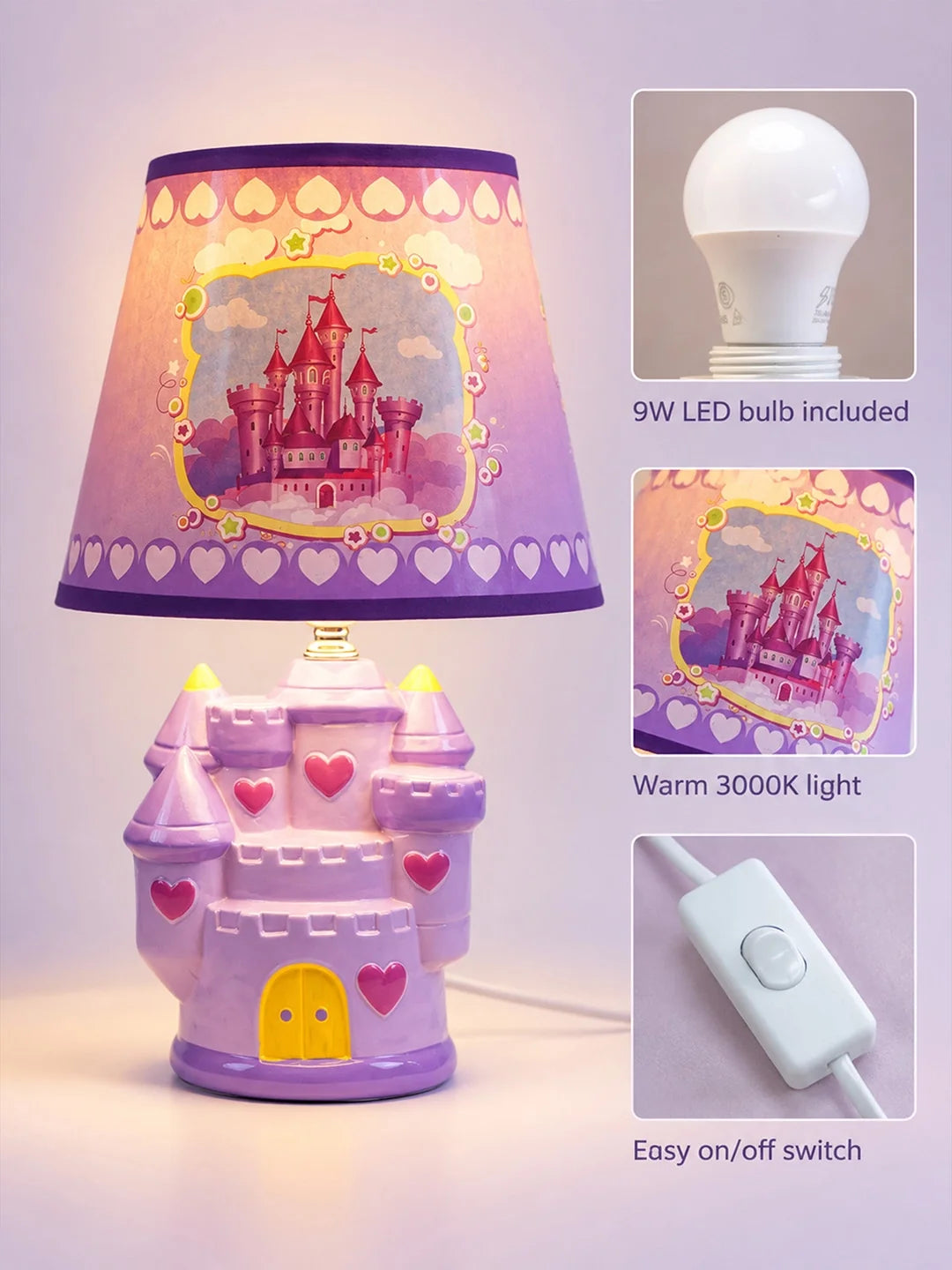 Purple Princess Ceramic Castle Bedside Table Lamp