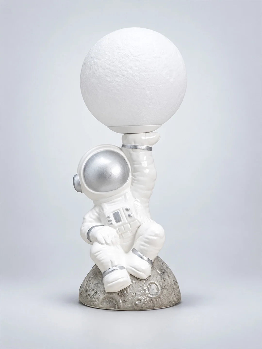 Silver Astronaut Holding Moon, Bedside Table Lamp