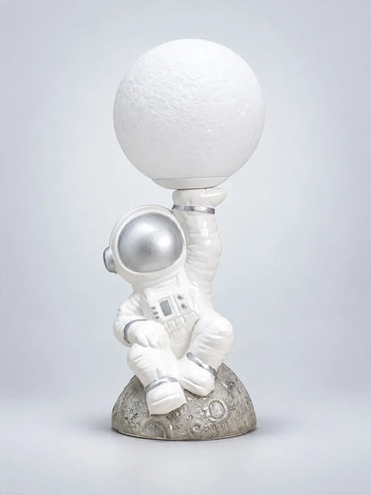 Silver Astronaut Holding Moon, Bedside Table Lamp