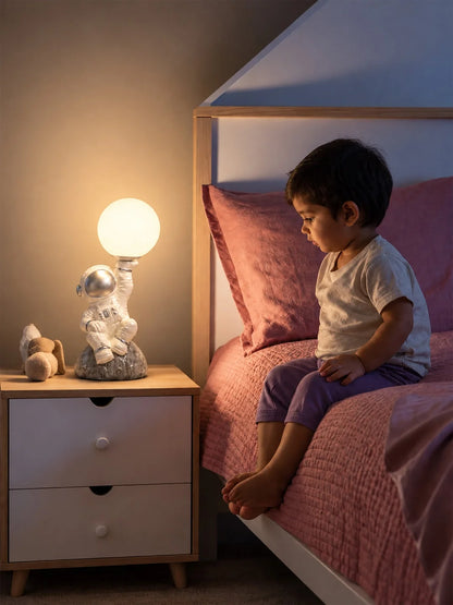 Silver Astronaut Holding Moon, Bedside Table Lamp