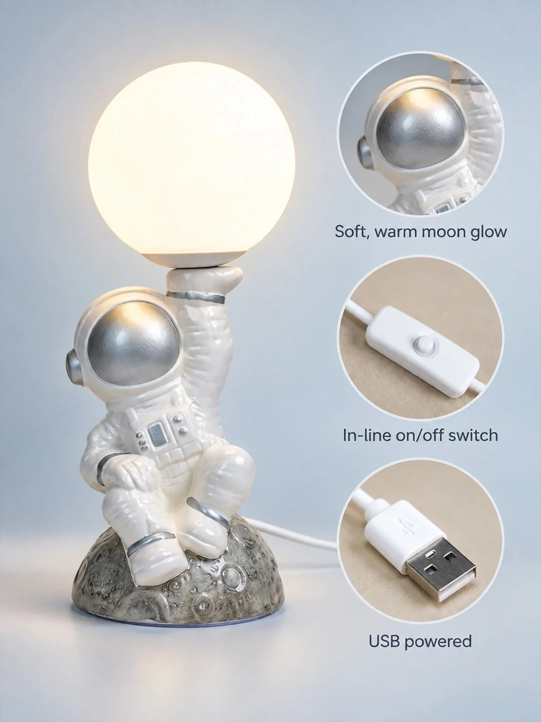 Silver Astronaut Holding Moon, Bedside Table Lamp
