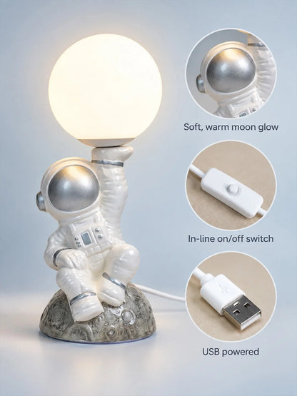 Silver Astronaut Holding Moon, Bedside Table Lamp