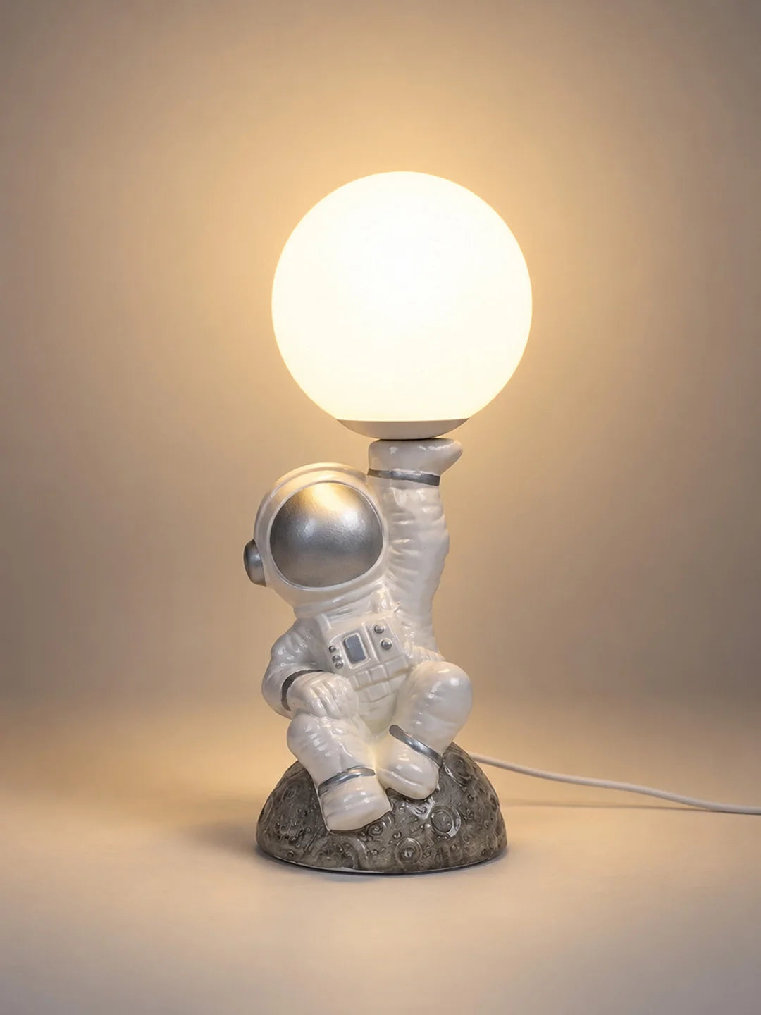 Silver Astronaut Holding Moon, Bedside Table Lamp