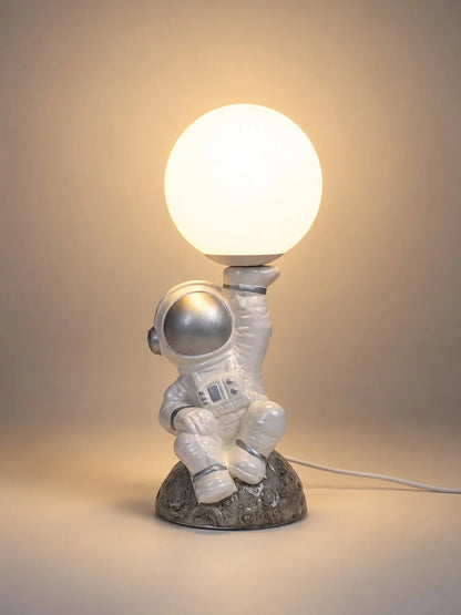 Silver Astronaut Holding Moon, Bedside Table Lamp