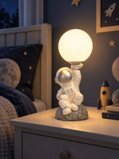 Silver Astronaut Holding Moon, Bedside Table Lamp