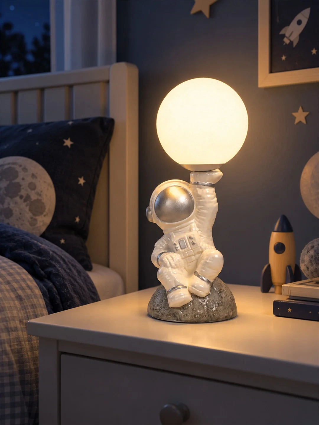 Silver Astronaut Holding Moon, Bedside Table Lamp