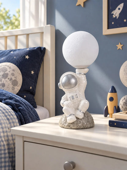 Silver Astronaut Holding Moon, Bedside Table Lamp