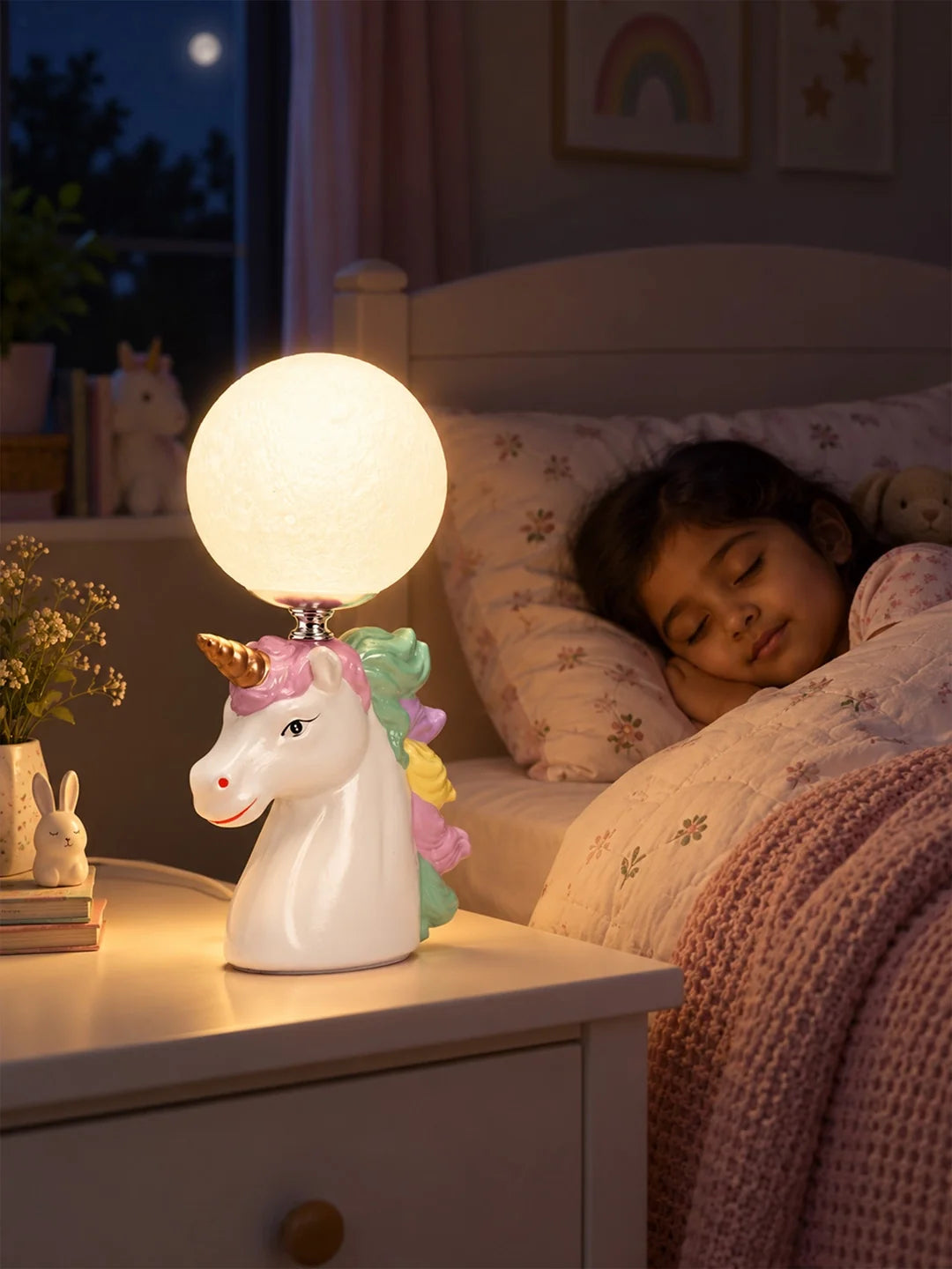 White Ceramic Unicorn Moon, Bedside Table Lamp