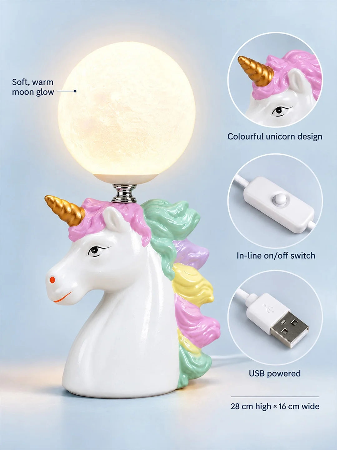White Ceramic Unicorn Moon, Bedside Table Lamp