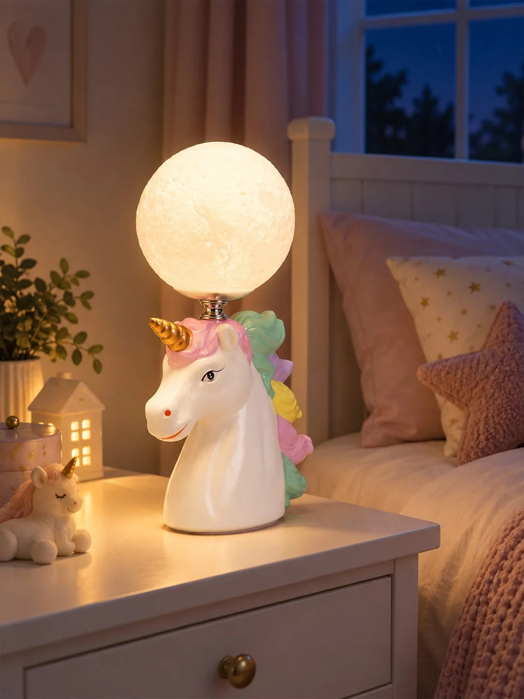 White Ceramic Unicorn Moon, Bedside Table Lamp