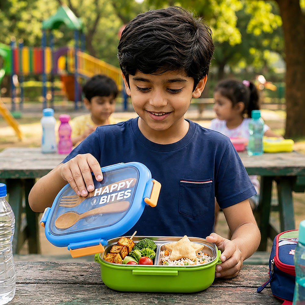 Blue Lid Happy Bites Bento Lunch Box