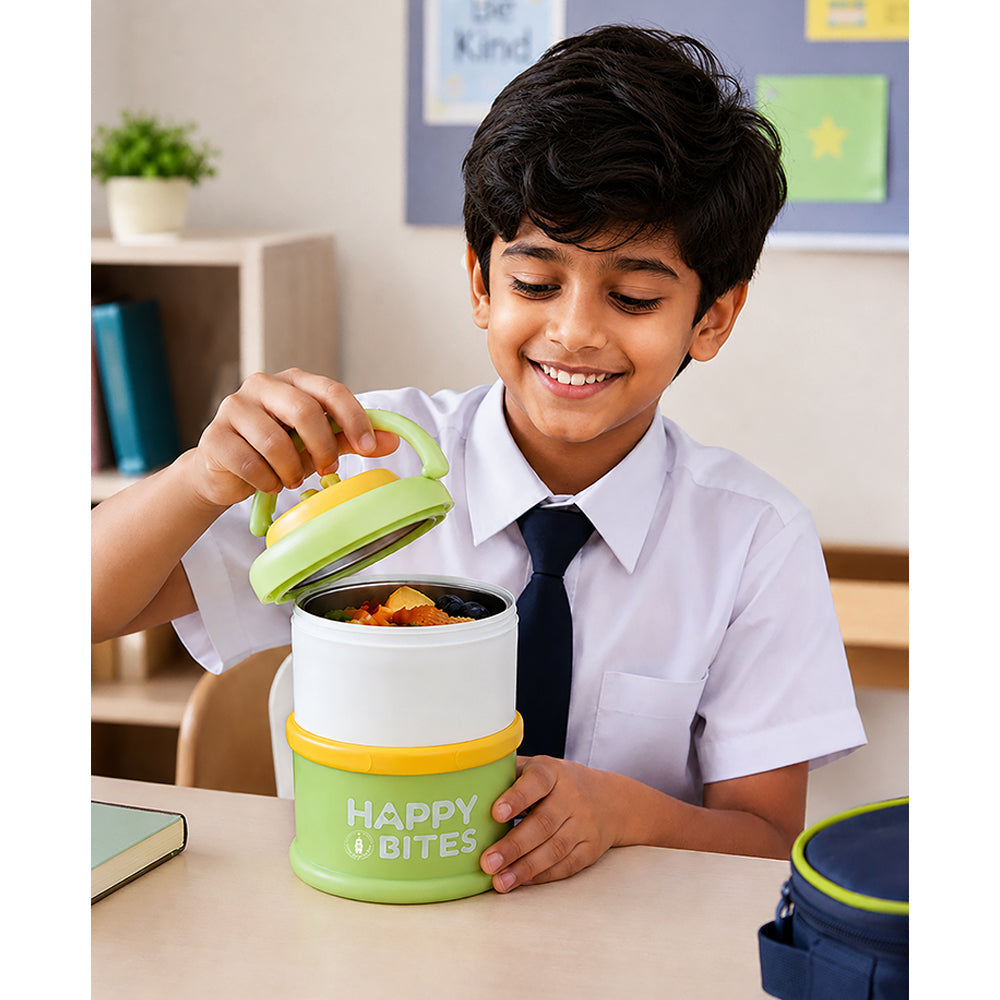 Green Happy Bites Double Decker Stainless Steel Lunch Box