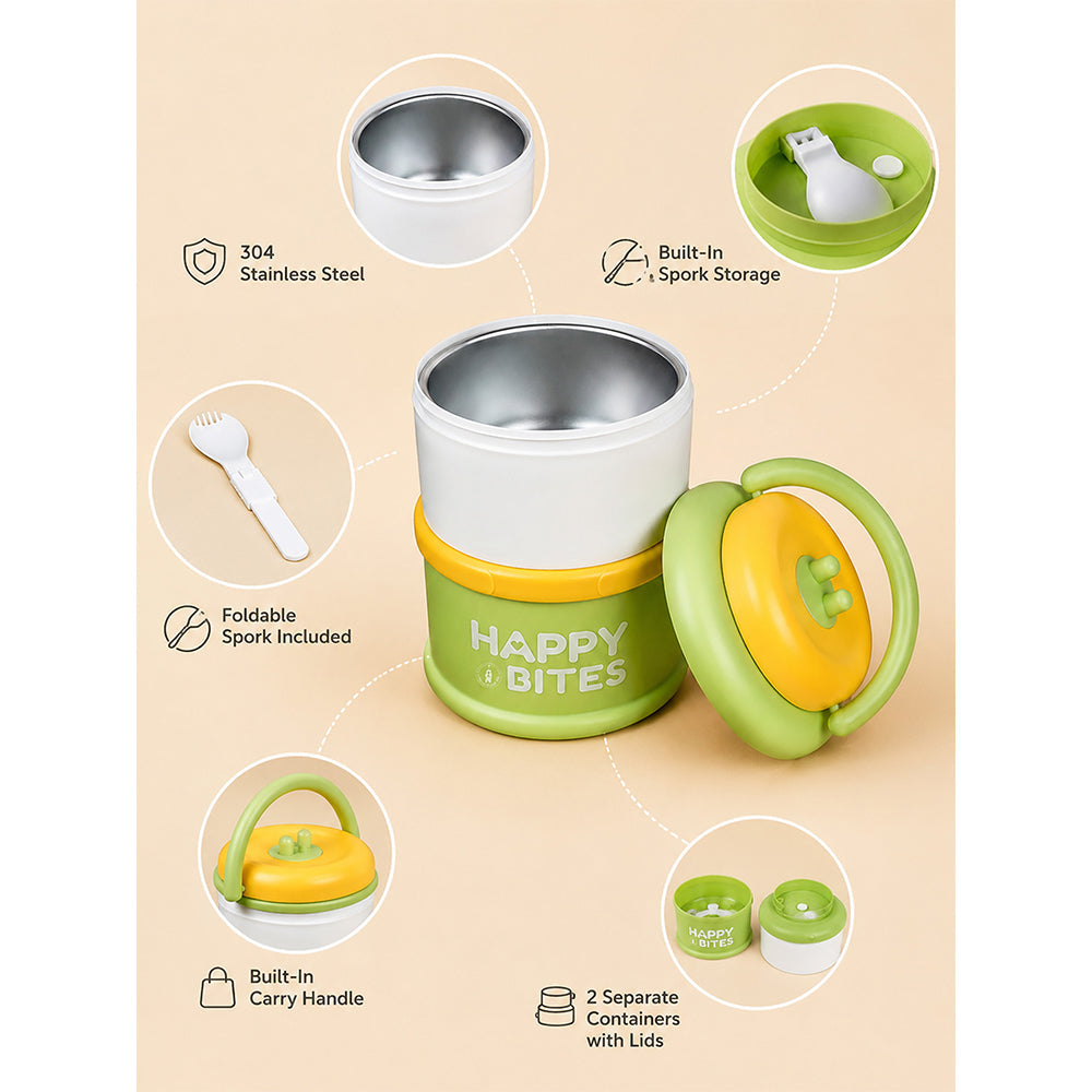 Green Happy Bites Double Decker Stainless Steel Lunch Box